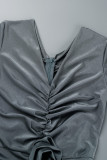 ダークグレーのセクシーなソリッドパッチワークフォールドVネックペンシルスカートドレス