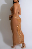 Vestido longo sexy dourado com lantejoulas e patchwork transparente sem costas com alça espaguete