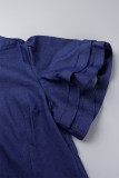 Vestidos de saia enrolados em azul profundo elegante sólido escavado patchwork com decote em O