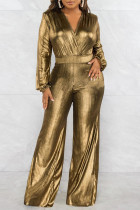 Gouden elegante effen patchwork grote maat jumpsuits met V-hals