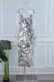 Prata sexy elegante sólido lantejoulas retalhos alta abertura zíper cinta de espaguete vestidos de noite