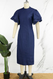 Deep Blue Elegant Solid urholkat Patchwork O-hals inslagna kjolklänningar