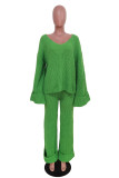 Green Casual Solid Basic V Neck Long Sleeve Two Pieces