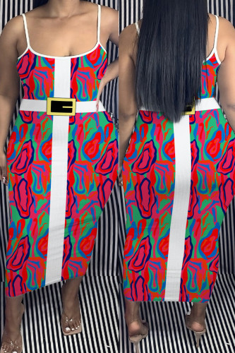 Multicolor Sexy Casual Print Backless Spaghetti Strap Long Dress Plus Size Dresses