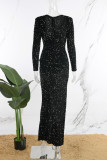 Robe longue noire sexy en patchwork de paillettes fendue à col en V