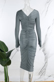 ダークグレーのセクシーなソリッドパッチワークフォールドVネックペンシルスカートドレス