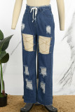 Темно-синие повседневные однотонные повязки, выдолбленные лоскутные карманные пуговицы, застежка-молния со средней талией, обычные джинсовые джинсы