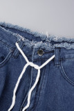 Diepblauwe casual effen bandage uitgeholde patchwork zakknopen rits midden taille normale denim jeans