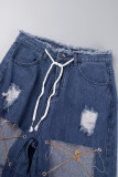 Diepblauwe casual effen bandage uitgeholde patchwork zakknopen rits midden taille normale denim jeans