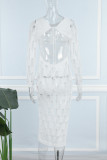Белые сексуальные однотонные ажурные прозрачные платья с открытой спиной и круглым вырезом с длинными рукавами