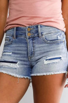 Blue Street sólido rasgado patchwork bolso botões zíper cintura média shorts jeans regulares