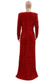 Red Sexy Patchwork Sequins Slit V Neck Long Sleeve Two Pieces