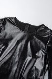 Vestidos pretos casuais sólidos básicos de manga comprida com decote em O