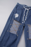 Azul profundo casual bandagem sólida escavada patchwork botões de bolso com zíper cintura média jeans regular