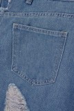 Blå Casual Solid Ripped Patchwork Slits Hög midja Vanliga jeanskjolar