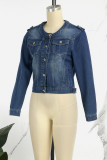 Giacca di jeans regolare a maniche lunghe con patchwork solido blu casual