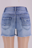 Pantalones cortos de mezclilla regular de cintura media con cremallera y botones de bolsillo rasgados lisos de Street azul