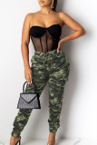 Army Green Casual Camouflage Print Patchwork Draw String Pocket Regular Mid Waist Conventional Full Print Bottoms