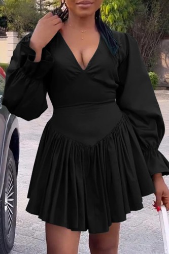 Black Casual Solid Basic V Neck Long Sleeve Dresses