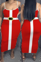 Vestido longo vermelho sexy casual estampado sem costas com alça espaguete vestidos plus size