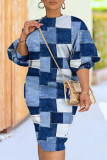 Vestido casual azul colorido patchwork com decote em O vestido plus size