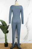 Blaue, elegante, einfarbige, schmale Jumpsuits mit Patchwork-Reißverschluss und asymmetrischem Kragen