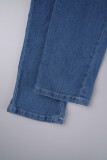 Indigofarbene, lässige, solide Patchwork-Jeansoveralls mit Turndown-Kragen und kurzen Ärmeln