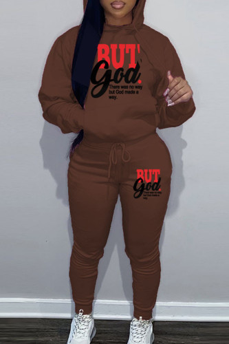 Brown Sportwear Casual Letter Print Hooded Collar Long Sleeve Sweatshirt And Draw String Pants Two Pieces Sweatsuit Sets
