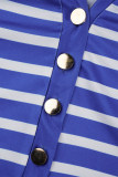 Patchwork listrado casual azul botões decote em V plus size tops