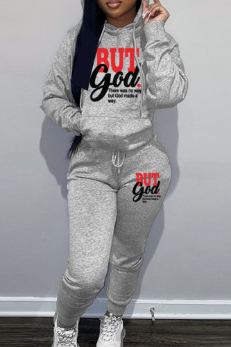 Grey Sportwear Casual Letter Print Hooded Collar Long Sleeve Sweatshirt And Draw String Pants Two Pieces Sweatsuit Sets