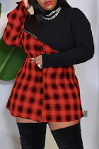 Schwarz-rote, lässige, karierte Patchwork-Reißverschluss-Rollkragenpullover-Kleider mit langen Ärmeln