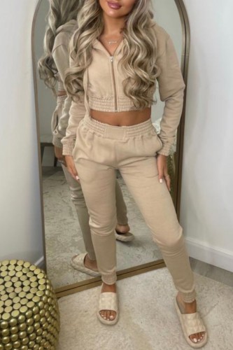 Khaki Casual Solid Basic Hooded Collar Long Sleeve Two Pieces Cropped Jackets Sets And Pants Set