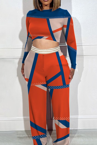 Tangerine Red Street Color Block Patchwork O Neck Plus Size Two Pieces