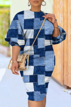 Blauwe casual kleurblok patchwork jurk met O-hals en print, grote maten jurken