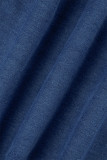 インディゴ カジュアル ソリッド パッチワーク ターンダウンカラー 半袖 スキニー デニム ジャンプスーツ