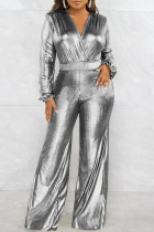 Zilveren elegante effen patchwork grote maat jumpsuits met V-hals