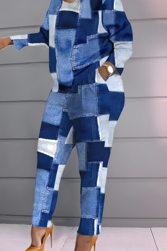 The cowboy blue Casual Print Patchwork Pocket O Neck Plus Size Two Pieces