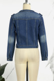 Azul Casual Sólido Patchwork O Pescoço Manga Comprida Jaqueta Jeans Regular