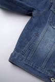 Синяя повседневная однотонная джинсовая куртка с круглым вырезом и длинными рукавами в стиле пэчворк