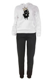 White Black Casual Print Patchwork Draw String Pocket Hooded Collar Long Sleeve Two Pieces