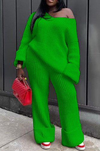 Green Casual Solid Basic V Neck Long Sleeve Two Pieces