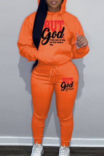 Orange Sportwear Casual Letter Print Hooded Collar Long Sleeve Sweatshirt And Draw String Pants Two Pieces Sweatsuit Sets