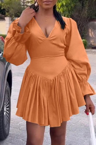 Orange Casual Solid Basic V Neck Long Sleeve Dresses