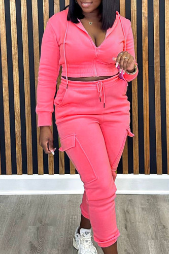 Pink Sportwear Casual Hooded Collar Long Sleeve Crop Jackets And Cargo Pants Two Pieces Sweatsuit Sets