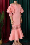 Pink Elegant Solid Lace Hollowed Out Patchwork Off the Shoulder Trumpet Mermaid Dresses
