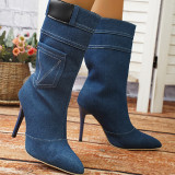 Синие повседневные туфли в стиле пэчворк с острым носом (высота каблука 3.54 дюйма)