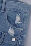 Jupes en jean bleu décontracté uni déchiré patchwork fendu taille haute
