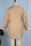 Orange Casual Striped Print Patchwork Turndown Collar Long Sleeve Plus Size Dresses