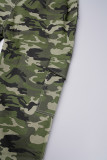 Army Green Casual Camouflage Print Patchwork Draw String Pocket Regular Mid Waist Conventional Full Print Bottoms