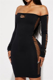 Black Sexy Casual Solid Hollowed Out Backless Off the Shoulder Long Sleeve Dresses